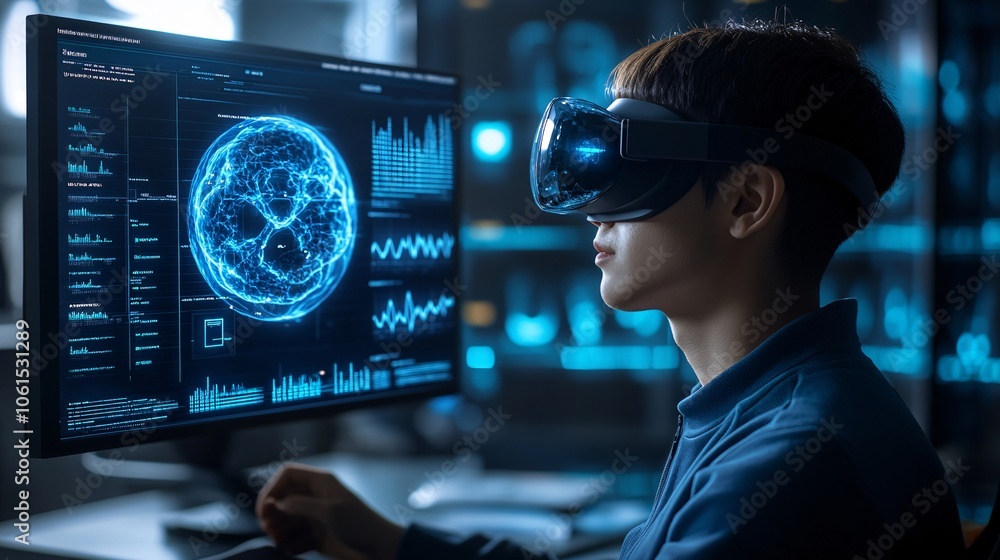 Poster Virtual reality interface showing detailed cellular structures and DNA, highlighting immersive technology in biological research with empty space for text