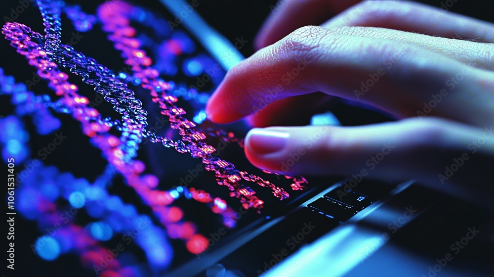 Poster Close-up of hands typing on a laptop displaying a bioinformatics dashboard, with DNA sequencing data and molecular graphs with empty space for text