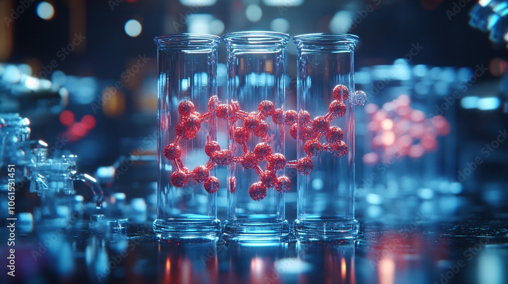 Aufkleber Digital visualization of proteins and enzymes on a holographic display in a biotech lab, highlighting molecular-level advancements with empty space for text