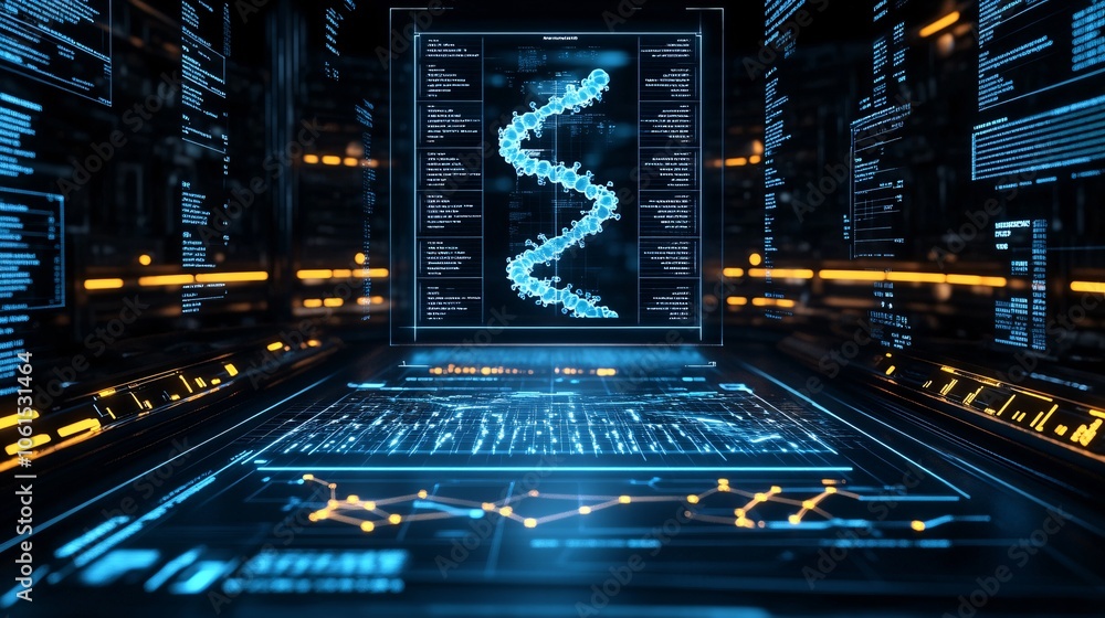 Poster Digital visualization of proteins and enzymes on a holographic display in a biotech lab, highlighting molecular-level advancements with empty space for text