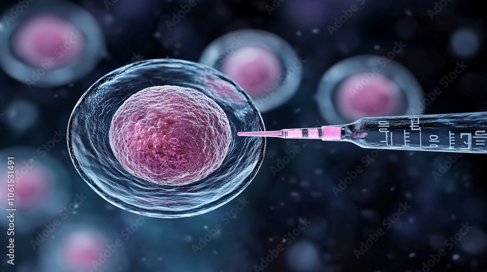 Poster Medical expert observing stem cell growth in a laboratory setting, with microscopes and data monitors tracking development with empty space for text
