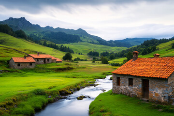 Tranquil Landscape with Rustic Homes and Stream