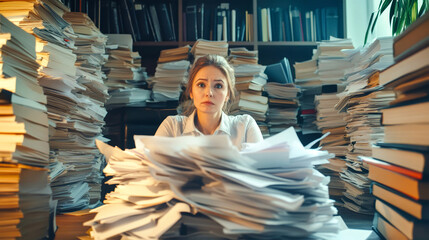 Businesswoman overwhelmed by a mountain of paperwork in a cluttered office, reflecting the challenges of modern work life