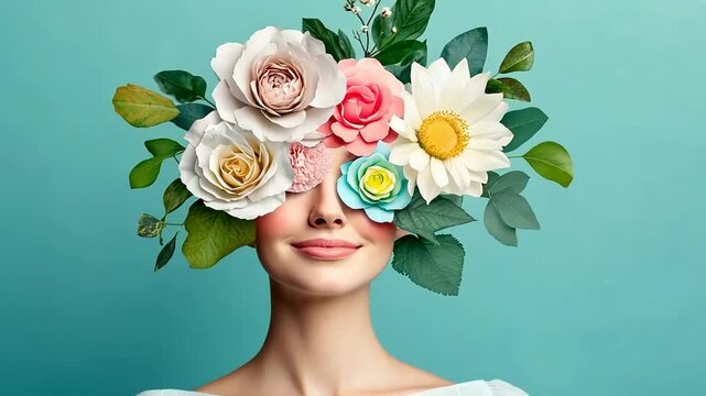Floral fantasy portrait of woman with blooming headpiece