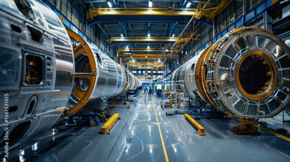 Poster a cutting-edge aerospace facility utilizing robotic systems for spacecraft assembly. engineers in th