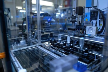 Fototapeta premium State-of-the-art facility focused on graphene-based material production. engineers operate precision machinery, ensuring graphene layers meet exact specifications for electronic applications.