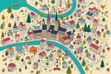 Illustrative Cityscape Map of Enchanted Towns with Whimsical Homes and Peaceful Nature Trails