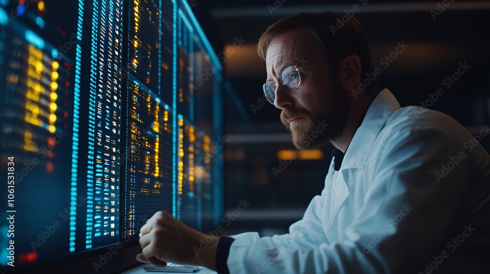 Fototapete Data scientist analyzing bioinformatics on multiple screens, showing integration of data science in biotech advancements with empty space for text
