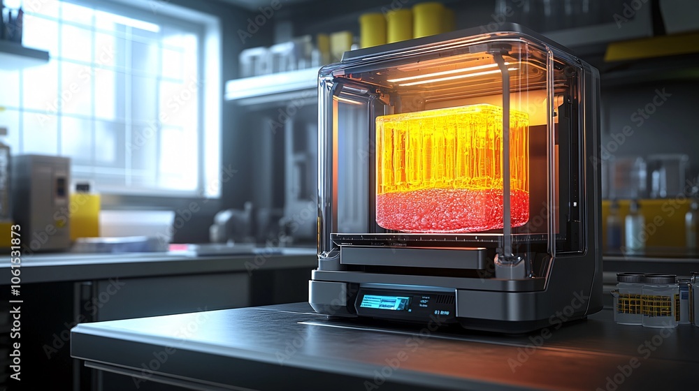 Leinwandbilder Conceptual image of biomaterials research with 3D printed biological tissues on a workbench in a futuristic lab with empty space for text
