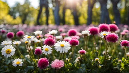 Fototapeta premium A field of pink and white flowers with a bright sun shining on them