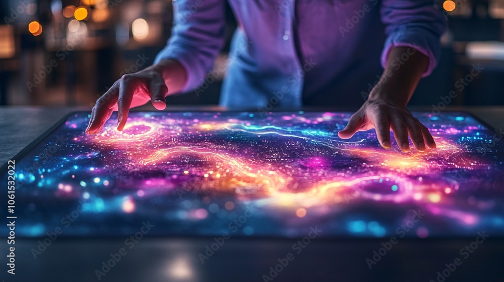 Poster Hands operating a touchscreen with holographic DNA patterns and data visualization tools in a biotech setting with empty space for text