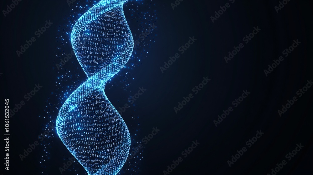 Poster Conceptual graphic of genetic code with binary data streams, highlighting the intersection of technology and biology with empty space for text