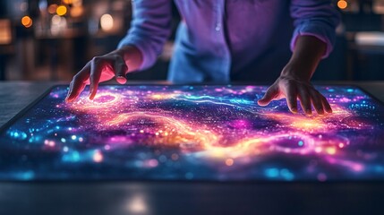 Hands operating a touchscreen with holographic DNA patterns and data visualization tools in a biotech setting with empty space for text