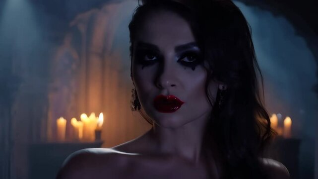 Spectacular female vampire with bright red scarlet lips poses looking at camera, background of lit candles in castle. Woman in dimly lit, atmospheric dramatic makeup, mysterious vibe. Elegance mystery