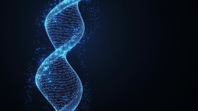 Conceptual graphic of genetic code with binary data streams, highlighting the intersection of technology and biology with empty space for text