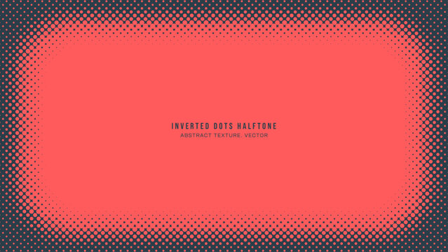 Inverted Dots Halftone Pattern Rounded Vignette Frame Vector Red Black Abstract Background. Half Tone Graphic Abstraction Fade Subtle Texture. Retro Design Style Wide Wallpaper Dotted Art Illustration