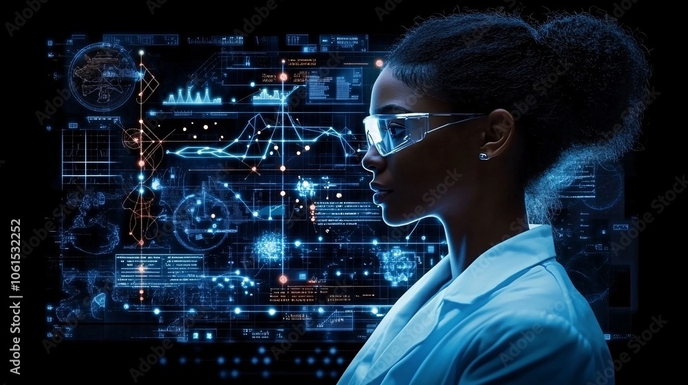 Poster Biochemist using AI-powered diagnostic tools to study enzyme reactions and cell behavior in a high-tech lab with empty space for text