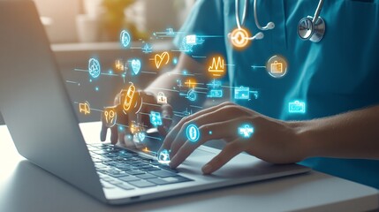 Healthcare Professional Working on Computer with Icons