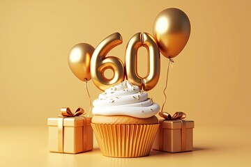 Celebrating 60th Birthday with Golden Balloons, Gifts, and a Delicious Cupcake - Joyous Milestone