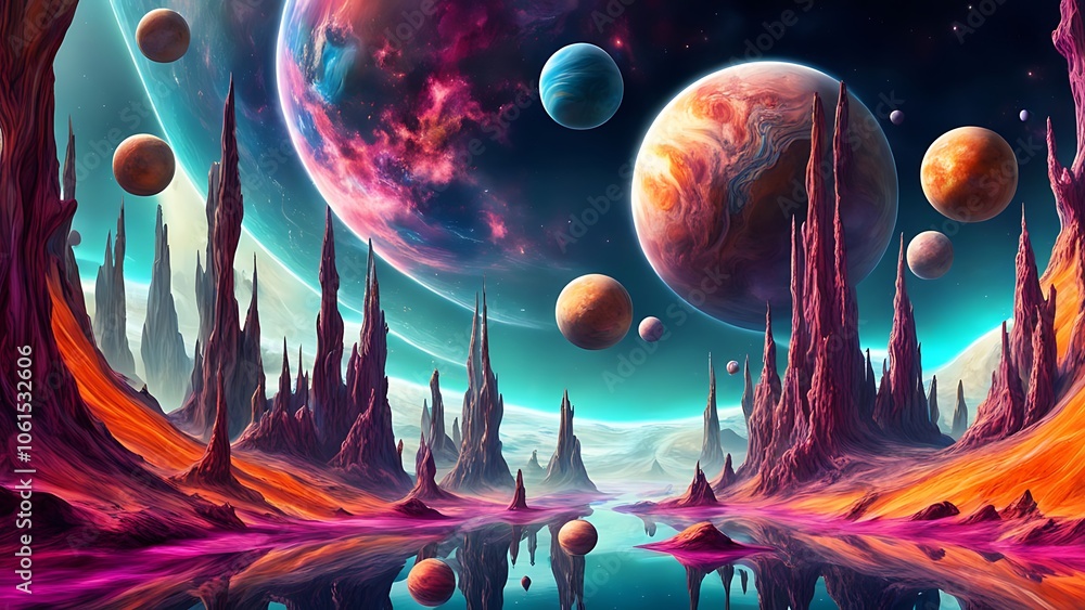 Poster cosmic landscape with floating planets and surreal structures, vivid colors, multi-dimensional view,