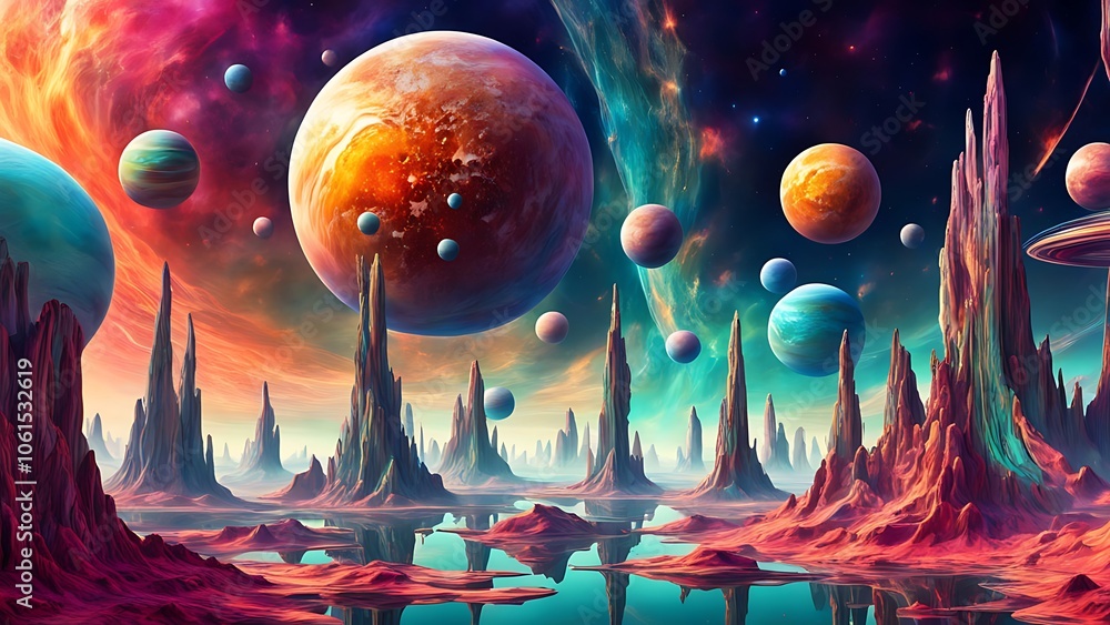 Poster cosmic landscape with floating planets and surreal structures, vivid colors, multi-dimensional view,