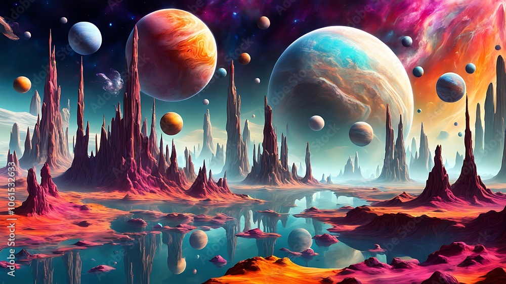 Poster cosmic landscape with floating planets and surreal structures, vivid colors, multi-dimensional view,