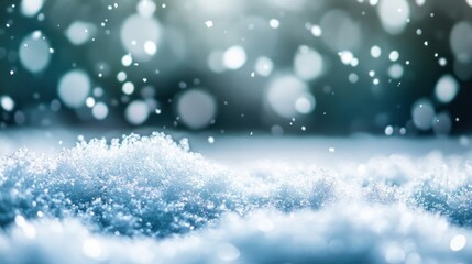 Fototapeta premium A serene winter scene with falling snowflakes and a soft snow-covered ground.