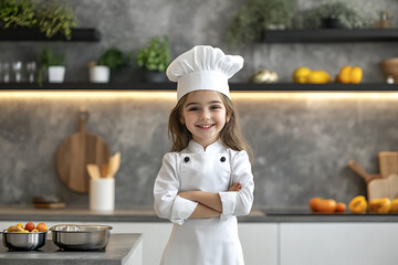 Young aspiring chef smiling with arms crossed, ready to cook in a modern and well-equipped kitchen