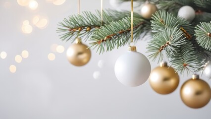 Obraz premium Christmas background with golden and white baubles hanging on green pine branches, soft warm lights in the background, festive and elegant holiday scene