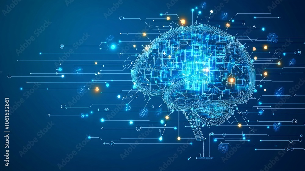 Poster illustration of neural pathways and brain cells on a digital hologram, symbolizing neurobiotechnolog
