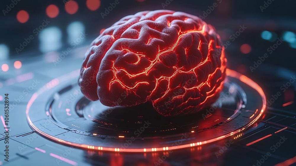 Poster Illustration of neural pathways and brain cells on a digital hologram, symbolizing neurobiotechnology and brain research with empty space for text