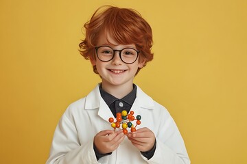 Redhead boy wearing lab coat and glasses holding molecular model, smiling on yellow background