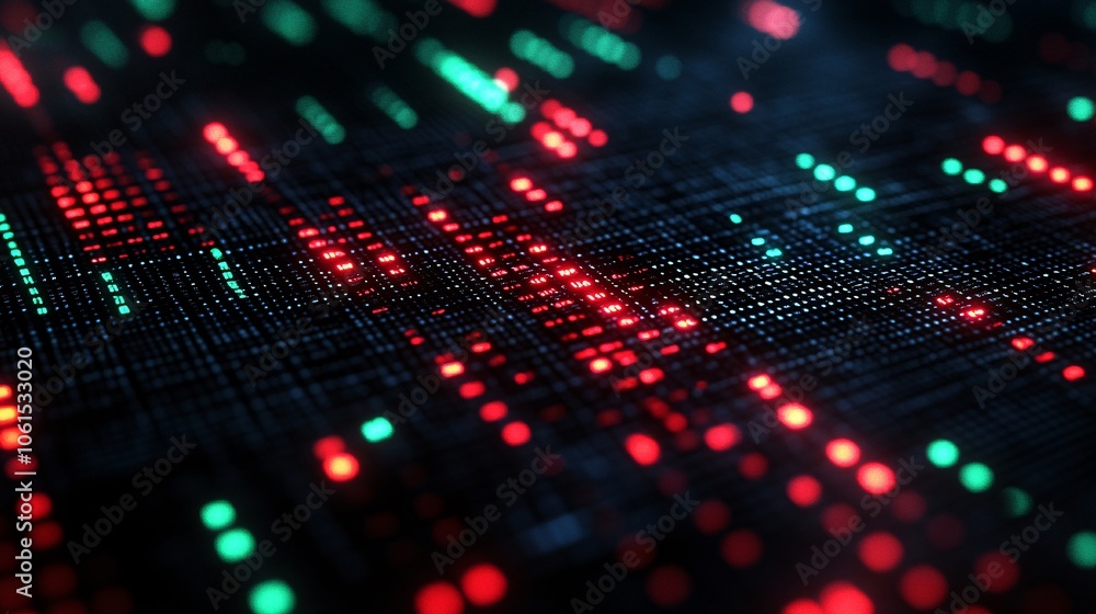 Poster stock market ticker screens filled with green and red numbers in a dark trading room with financial 
