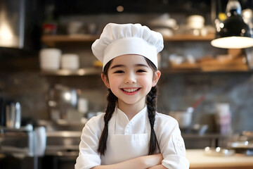 Young aspiring chef smiling with arms crossed in a professional kitchen
