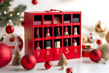 Red beauty cosmetic advent calendar box with numbered doors, featuring lipsticks and eye shadows, set against a white Christmas-themed background.