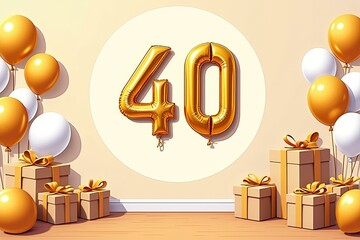 Celebrating Milestones with Golden Balloons, Joyous Presents, and Number Forty Themed Party Decorations in Warm and Festive Setting