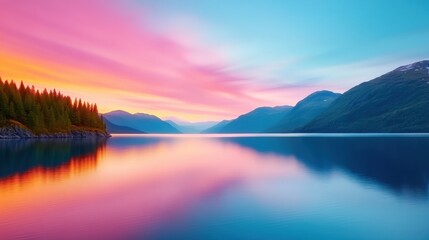 Fototapeta premium Vibrant sunset over a tranquil mountain lake with colorful reflections, AI