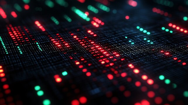 Stock market ticker screens filled with green and red numbers in a dark trading room with financial data highlighting market fluctuations with empty space for text - Powered by Adobe
