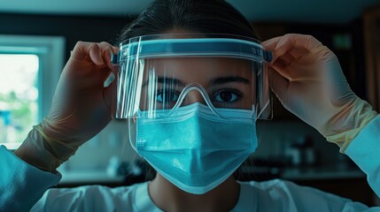 Detailed Close-Up of Surgical Mask Application and Face Shield Preparation on Countertop, Emphasizing Proper Safety Protocols in Personal Protective Equipment