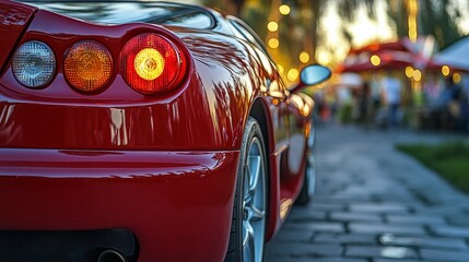 Red Sports Car Rear End with Blurred City Background