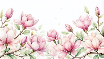 Fototapeta premium Watercolor Magnolia Background for Elegant Design - Perfect for Invitations, Cards, and Product Packaging Featuring Soft Pink Blossoms on a Clean White Canvas