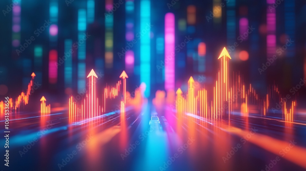 Aufkleber Abstract 3D render of stock market arrows pointing up and down, symbolizing market volatility with a futuristic background with empty space for text