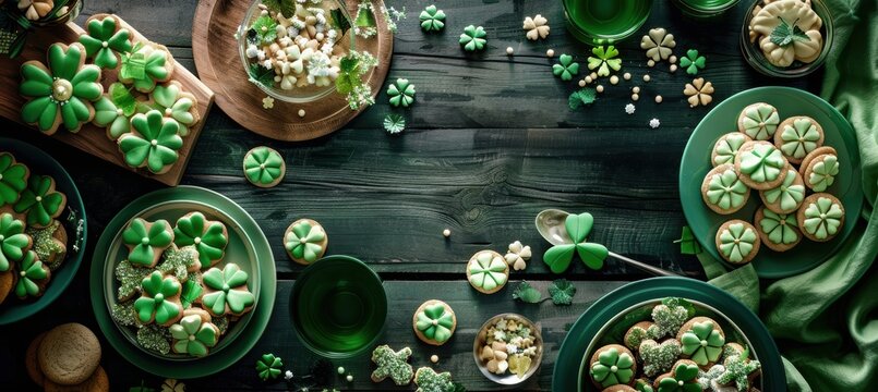 Overhead view of a festive st. patrick's day setup featuring irish food, green decorations, and clover-shaped cookies. a textured green background provides space for adding text