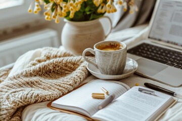 Organized desk setup for remote work featuring a laptop, notepad, coffee cup, and vitamins. emphasizes balance between productivity and wellness in a home office environment with natural lighting