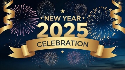 Elegant New Year 2025 celebration banner with gold ribbon and fireworks on a dark, festive background.	