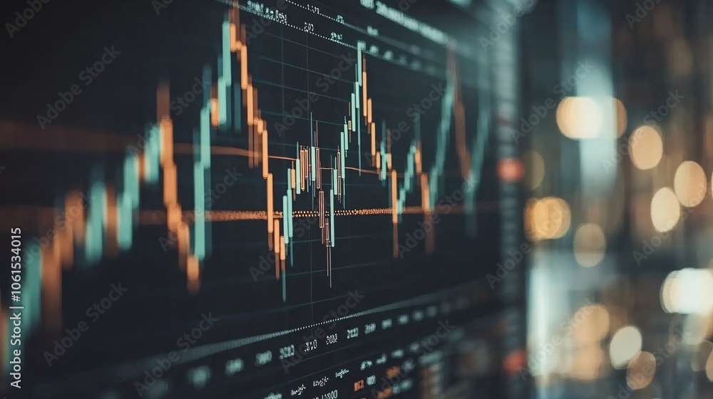 Poster Graphical bar and line charts on a digital dashboard representing profit and loss in a stock market scenario with empty space for text