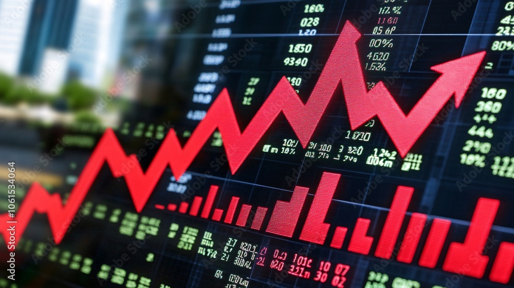 Poster abstract representation of stock price increase and decrease arrows in a digital financial landscape
