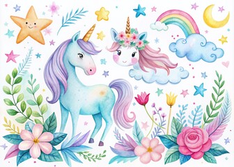 Whimsical Watercolor Unicorn Illustrations with Magical Elements in Pink and Blue for Cute Clipart Designs