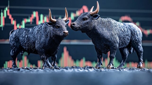Abstract representation of stock price increase and decrease arrows in a digital financial landscape, showing bullish and bearish trends with empty space for text