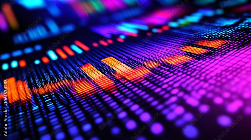 Poster Close-up of candlestick chart on a computer screen, showing patterns of stock price movement over time with a professional trading setup with empty space for text